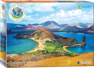 The image is a puzzle box that features a photograph of the Galapagos Islands bathed in natural light. The foreground includes a narrow, sandy beach lining a turquoise bay with clear waters. Surrounding the bay are rugged, volcanic rock formations with earthy tones, emerging from lush green vegetation. The background highlights a series of volcanic hills with a range of red, brown, and gray hues beneath a slightly overcast sky. The title, "Galapagos Islands" is printed on the bottom left side. On the bottom right, the company logo reads "EUROGRAPHICS PUZZLES" and the number ‘1000’ below it indicates the puzzle piece count. At the top left is a circular logo displaying an image of Earth, accompanied by text: "Save Our Planet Collection." The image is a puzzle box that features a photograph of the Galapagos Islands bathed in natural light. The foreground includes a narrow, sandy beach lining a turquoise bay with clear waters. Surrounding the bay are rugged, volcanic rock formations with earthy tones, emerging from lush green vegetation. The background highlights a series of volcanic hills with a range of red, brown, and gray hues beneath a slightly overcast sky. The title, "Galapagos Islands" is printed on the bottom left side. On the bottom right, the company logo reads "EUROGRAPHICS PUZZLES" and the number ‘1000’ below it indicates the puzzle piece count. At the top left is a circular logo displaying an image of Earth, accompanied by text: "Save Our Planet Collection."