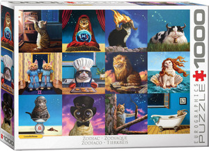 A puzzle titled, “Zodiac Cats,” at the bottom in several different languages, with the artist's name, Lucia Hefferman, right above it. The company logo “Eurographics Puzzle” is in large font along the right side, and number ‘1000’ right next to it in the cover’s white border. In the center is what the completed puzzle looks like: 12 square paintings of cats representing the Greek Astrological signs. They are silly representations, from 'The Birth of Venus' being a cat with long hair, to Gemini being two cats dressed and posed like the twins from the movie 'The Shining'. A puzzle titled, “Zodiac Cats,” at the bottom in several different languages, with the artist's name, Lucia Hefferman, right above it. The company logo “Eurographics Puzzle” is in large font along the right side, and number ‘1000’ right next to it in the cover’s white border. In the center is what the completed puzzle looks like: 12 square paintings of cats representing the Greek Astrological signs. They are silly representations, from 'The Birth of Venus' being a cat with long hair, to Gemini being two cats dressed and posed like the twins from the movie 'The Shining'.