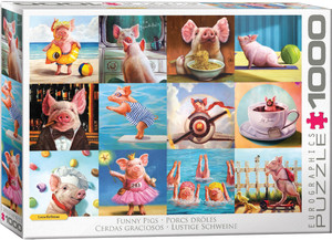 A puzzle titled, “Funny Pigs,” at the bottom in several different languages, with the artist's name, Lucia Hefferman, right above it. The company logo “Eurographics Puzzle” is in large font along the right side, and number ‘1000’ right next to it in the cover’s white border. In the center is what the completed puzzle looks like: 12 square paintings of pigs in various outfits doing various human things, from being a fairy princess in a play, to a successful business pig with a suit a cigar, to a pilot in a biplane. A puzzle titled, “Funny Pigs,” at the bottom in several different languages, with the artist's name, Lucia Hefferman, right above it. The company logo “Eurographics Puzzle” is in large font along the right side, and number ‘1000’ right next to it in the cover’s white border. In the center is what the completed puzzle looks like: 12 square paintings of pigs in various outfits doing various human things, from being a fairy princess in a play, to a successful business pig with a suit a cigar, to a pilot in a biplane.