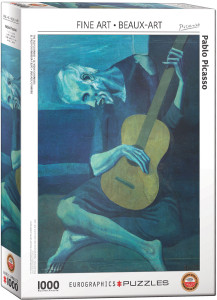 A puzzle with the artist name “Pablo Picasso” on the upper right side, the series name "Fine Art" at the top, the company logo “Eurographics puzzles” at the bottom, and the number ‘1000’ on the bottom left of the white-bordered cover. In the center is what the completed puzzle looks like, which is a print of Picasso's "Old Guitarist" painting, which is mostly a wash of blues with a pop of brown in a guitar held by an old man. The man sits cross-legged with his head bowed solemnly. The shoulder of his shirt is torn and his clothes are minimal, suggesting he is not a well-off man. A puzzle with the artist name “Pablo Picasso” on the upper right side, the series name "Fine Art" at the top, the company logo “Eurographics puzzles” at the bottom, and the number ‘1000’ on the bottom left of the white-bordered cover. In the center is what the completed puzzle looks like, which is a print of Picasso's "Old Guitarist" painting, which is mostly a wash of blues with a pop of brown in a guitar held by an old man. The man sits cross-legged with his head bowed solemnly. The shoulder of his shirt is torn and his clothes are minimal, suggesting he is not a well-off man.