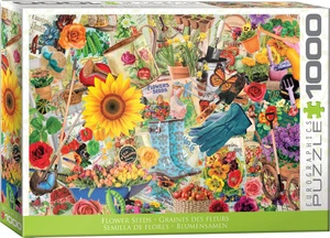 A puzzle titled, “Flower Seeds,” at the bottom in several different languages.  The company logo “Eurographics Puzzle” is in large font along the right side, and number ‘1000’ right next to it in the cover’s white and green border.  In the center is what the completed puzzle looks like: a chaotic collage of garden supplies and flowers.  From wheel barrows of blooms, to gloves and boots, too seed packets and pots: it's all in an overlapping sprawl.