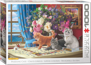 A puzzle titled, “Puzzling Cats,” at the bottom in several different languages, with the series name, Image World, right above it. The company logo “Eurographics Puzzle” is in large font along the right side, and number ‘1000’ right next to it in the cover’s white border. In the center is what the completed puzzle looks like: a scene from a seaside house with a cozy interior. A partially completed puzzle sits atop a table in the foreground, and three long-haired cats are climbing atop it to investigate. Two are kittens: one orange, and one grey. The third is an adult cat with a light grey pattern that may be their mother. A puzzle titled, “Puzzling Cats,” at the bottom in several different languages, with the series name, Image World, right above it. The company logo “Eurographics Puzzle” is in large font along the right side, and number ‘1000’ right next to it in the cover’s white border. In the center is what the completed puzzle looks like: a scene from a seaside house with a cozy interior. A partially completed puzzle sits atop a table in the foreground, and three long-haired cats are climbing atop it to investigate. Two are kittens: one orange, and one grey. The third is an adult cat with a light grey pattern that may be their mother.