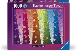 A puzzle with the words “Ravensburger Puzzle” and the number ‘1000’ at the top of the purple bordered cover. Below is an image of the finished puzzle, which features a vibrant array of colors arranged in columns that wave diagonally from left to right. The colors include purples, pinks, reds, oranges, yellows, greens, blues, and more purples. Each column of the puzzle consists of interlocking pieces creating a seamless gradient effect. A puzzle with the words “Ravensburger Puzzle” and the number ‘1000’ at the top of the purple bordered cover. Below is an image of the finished puzzle, which features a vibrant array of colors arranged in columns that wave diagonally from left to right. The colors include purples, pinks, reds, oranges, yellows, greens, blues, and more purples. Each column of the puzzle consists of interlocking pieces creating a seamless gradient effect.