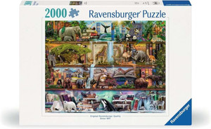 A puzzle with the words “Ravensburger Puzzle” and the number ‘2000’ at the top of the white bordered cover. Below is an image of the finished puzzle, which features a collage of diverse animals set amidst a landscape of books. The scene is divided into horizontal sections. Elephants, giraffes, zebras, pandas, bears, wolves, and moose are interspersed with upright books. The background consists of large books standing upright, creating a library-like atmosphere.