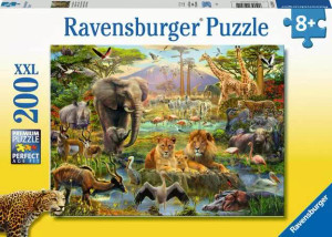 A puzzle with the words “Ravensburger Puzzle” at the top and the number ‘200’ along the left side of the white and yellow- bordered cover. Below is an image of the finished puzzle, which features all sorts of animals that are native to the African Savannah that are gathered around and/or in a large, pocketed watering hole. Trees and flowers sprout up around them. A puzzle with the words “Ravensburger Puzzle” at the top and the number ‘200’ along the left side of the white and yellow- bordered cover. Below is an image of the finished puzzle, which features all sorts of animals that are native to the African Savannah that are gathered around and/or in a large, pocketed watering hole. Trees and flowers sprout up around them.