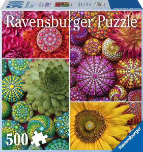 A puzzle with the company name "Ravensburger" in white font at the top of the cover, and the number '500' next to a puzzle piece in the bottom left corner. The art on the cover features four staggered squares, each with a color ruling the space: the top left is mostly red, top right purple and orange, bottom left green, and bottom right yellow. They all have a combination of perfectly round stones painted with radial designs of colorful spots and matching plants in similar colors. A puzzle with the company name "Ravensburger" in white font at the top of the cover, and the number '500' next to a puzzle piece in the bottom left corner. The art on the cover features four staggered squares, each with a color ruling the space: the top left is mostly red, top right purple and orange, bottom left green, and bottom right yellow. They all have a combination of perfectly round stones painted with radial designs of colorful spots and matching plants in similar colors.