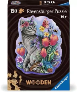 A puzzle with the words “Ravensburger Puzzle” and the number ‘150’ at the top of the brown, wood-grain printed cover.  Below that is an image of what the finished puzzle looks like: a posed portrait of a silver cat with a flower crown surrounded by butterflies, bees, a hamster, and other little critters around the bases and climbing the stems of more flowers.  The background is a pale lilac color, and the border is irregularly shaped to match the edges of the subjects, rather than a traditional square or rectangle shape.  At the very bottom is the word “Wooden” in a tan font with both of the ‘O’s filled with rings of circles like the center of a tree trunk that’s been cut down.