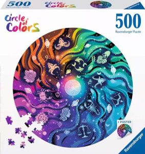 A puzzle with the tagline “Circle of Colors” in a rainbow gradient in the upper left corner of the cover.  The background of the box is white, and in the center is an image of the finished puzzle: a rainbow circle featuring the Greek Zodiac Astrological symbols atop waves and specks of color representing the cosmos. A puzzle with the tagline “Circle of Colors” in a rainbow gradient in the upper left corner of the cover.  The background of the box is white, and in the center is an image of the finished puzzle: a rainbow circle featuring the Greek Zodiac Astrological symbols atop waves and specks of color representing the cosmos.