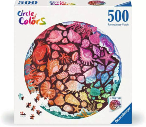 A puzzle with the tagline “Circle of Colors” in a rainbow gradient in the upper left corner of the cover.  The background of the box is white, and in the center is an image of the finished puzzle: a rainbow circle featuring seashells of many shapes and sizes, coral, and starfish arranged atop a black background with white-capped waves around the border.