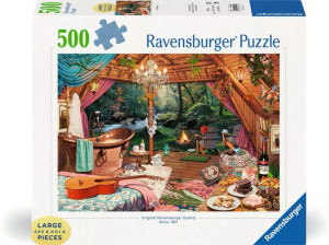 A puzzle with the words “Ravensburger Puzzle” at the top and the number ‘500’ along the left side of the white bordered cover. Below is an image of the finished puzzle, which features an extensively decked-out campsite in a lush forest. The tent sits atop a wooden platform and has a metal bathtub, a full mattress, table, ottoman, rugs, and hanging décor. Two wooden lawn chairs are sat out front. A puzzle with the words “Ravensburger Puzzle” at the top and the number ‘500’ along the left side of the white bordered cover. Below is an image of the finished puzzle, which features an extensively decked-out campsite in a lush forest. The tent sits atop a wooden platform and has a metal bathtub, a full mattress, table, ottoman, rugs, and hanging décor. Two wooden lawn chairs are sat out front.