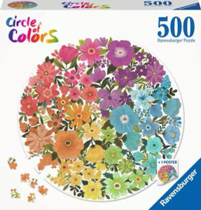 A puzzle with the tagline “Circle of Colors” in a rainbow gradient in the upper left corner of the cover.  The background of the box is white, and in the center is an image of the finished puzzle: a rainbow circle featuring flowers of all shapes, colors, sizes, and species atop a white background.  Between them are hints of their green leaves.