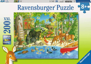 A puzzle with the words “Ravensburger Puzzle” at the top and the number ‘200’ along the left side of the white and green-bordered cover.  Below is an image of the finished puzzle, which features an illustrated scene of woodland animals gathering around a pond.  A treehouse sits in the midground, and a red canoe sits flipped over by the pond. A puzzle with the words “Ravensburger Puzzle” at the top and the number ‘200’ along the left side of the white and green-bordered cover.  Below is an image of the finished puzzle, which features an illustrated scene of woodland animals gathering around a pond.  A treehouse sits in the midground, and a red canoe sits flipped over by the pond.