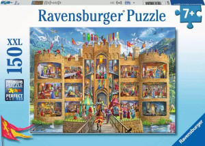 A puzzle with the words “Ravensburger Puzzle” at the top and the number ‘150’ along the left side of the white bordered cover. Below is an image of the finished puzzle, which features an illustrated castle with the outer walls that face the viewer cut away to reveal the people and things inside. The whole scene is set in Medieval times, based on the garb of everyone within. Outside is a moat and a bridge leading directly to the viewer, and a person rides on horseback across it. A puzzle with the words “Ravensburger Puzzle” at the top and the number ‘150’ along the left side of the white bordered cover. Below is an image of the finished puzzle, which features an illustrated castle with the outer walls that face the viewer cut away to reveal the people and things inside. The whole scene is set in Medieval times, based on the garb of everyone within. Outside is a moat and a bridge leading directly to the viewer, and a person rides on horseback across it.