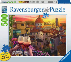 A puzzle with the words “Ravensburger Puzzle” at the top and the number ‘500’ along the left side of the white bordered cover. Below is an image of the finished puzzle, which features a first person perspective painting of two people with pale skin tapping their glasses of red wine together while sat on a balcony. In front of them is a sunset view over Florence, Italy, with red terracotta roofs and white plaster on most of the buildings. A puzzle with the words “Ravensburger Puzzle” at the top and the number ‘500’ along the left side of the white bordered cover. Below is an image of the finished puzzle, which features a first person perspective painting of two people with pale skin tapping their glasses of red wine together while sat on a balcony. In front of them is a sunset view over Florence, Italy, with red terracotta roofs and white plaster on most of the buildings.