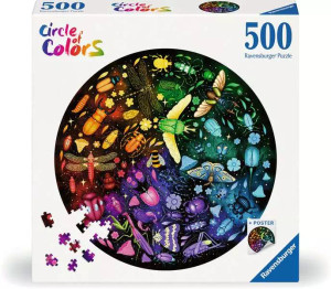 A puzzle with the tagline “Circle of Colors” in a rainbow gradient in the upper left corner of the cover.  The background of the box is white, and in the center is an image of the finished puzzle: a rainbow circle featuring insects of all shapes, colors, sizes, and species atop a black background.  Some are in flight, some are crawling, and there are flowers intermixed between them.
