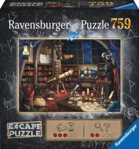 A puzzle with the words “Ravensburger Puzzle” and number ‘759’ across the top and the subtitled “Escape Puzzle” in the bottom left.  Beside that are symbols denoting the difficulty level and how many clues are present to find.  The cover is bordered in dark grey.  In the center is a picture of what the finished puzzle looks like: an observatory with a a parted viewing window, a telescope, rows of shelves overflowing with books, and scattered pages strewn across the floor and a desk in the foreground. A large, cog-covered armature hangs from the ceiling. A puzzle with the words “Ravensburger Puzzle” and number ‘759’ across the top and the subtitled “Escape Puzzle” in the bottom left.  Beside that are symbols denoting the difficulty level and how many clues are present to find.  The cover is bordered in dark grey.  In the center is a picture of what the finished puzzle looks like: an observatory with a a parted viewing window, a telescope, rows of shelves overflowing with books, and scattered pages strewn across the floor and a desk in the foreground. A large, cog-covered armature hangs from the ceiling.
