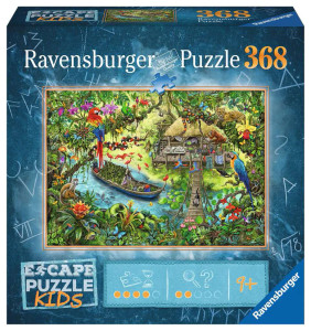 A puzzle with the words “Ravensburger Puzzle” and number ‘368’ across the top and the subtitled “Escape Puzzle” in the bottom left. Beside that are symbols denoting the difficulty level and how many clues are present to find. The cover is bordered in dark blue. In the center is a picture of what the finished puzzle looks like: a tropical rainforest teeming with life surrounding a tree house with a rope and wooden bridge connecting the house to the foreground. A puzzle with the words “Ravensburger Puzzle” and number ‘368’ across the top and the subtitled “Escape Puzzle” in the bottom left. Beside that are symbols denoting the difficulty level and how many clues are present to find. The cover is bordered in dark blue. In the center is a picture of what the finished puzzle looks like: a tropical rainforest teeming with life surrounding a tree house with a rope and wooden bridge connecting the house to the foreground.