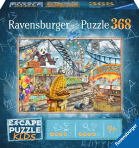 A puzzle with the words “Ravensburger Puzzle” and number ‘368’ across the top and the subtitled “Escape Puzzle” in the bottom left. Beside that are symbols denoting the difficulty level and how many clues are present to find. The cover is bordered in dark blue. In the center is a picture of what the finished puzzle looks like: an amusement park in a cartoon style with bright lights, colors, and ride tracks everywhere. A puzzle with the words “Ravensburger Puzzle” and number ‘368’ across the top and the subtitled “Escape Puzzle” in the bottom left. Beside that are symbols denoting the difficulty level and how many clues are present to find. The cover is bordered in dark blue. In the center is a picture of what the finished puzzle looks like: an amusement park in a cartoon style with bright lights, colors, and ride tracks everywhere.