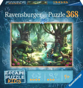 A puzzle with the words “Ravensburger Puzzle” and number ‘368’ across the top and the subtitled “Escape Puzzle” in the bottom left. Beside that are symbols denoting the difficulty level and how many clues are present to find. The cover is bordered in dark blue. In the center is a picture of what the finished puzzle looks like: a mystical forest where the trees have humanoid faces in their trunks. Gathered around a central pond are mermaids, wolves, small faeries, and two dragons: one large, and one very small. A puzzle with the words “Ravensburger Puzzle” and number ‘368’ across the top and the subtitled “Escape Puzzle” in the bottom left. Beside that are symbols denoting the difficulty level and how many clues are present to find. The cover is bordered in dark blue. In the center is a picture of what the finished puzzle looks like: a mystical forest where the trees have humanoid faces in their trunks. Gathered around a central pond are mermaids, wolves, small faeries, and two dragons: one large, and one very small.