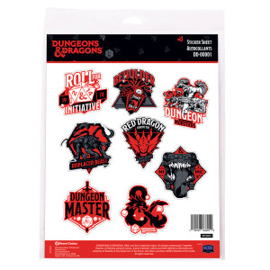 A sticker sheet with 8 Dungeons & Dragons stickers in red, black, and white. Each features iconic D&D creatures and designs. A sticker sheet with 8 Dungeons & Dragons stickers in red, black, and white. Each features iconic D&D creatures and designs.
