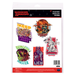 A sticker sheet with five large stickers featuring iconic Dungeons & Dragons creatures and/or scenes.  All are designed like vintage movie posters or high fantasy book covers.