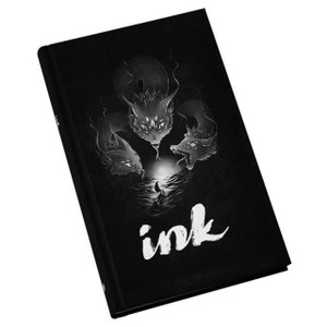 An RPG titled "Ink" in large, white font at the bottom of the mostly black cover.  In the center is a drawing in shades of black and white of a three-headed creature with many eyes per head and forked tongues that is looming over a small sailboat with tiny people clinging to it.