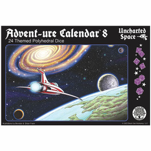 A dice advent calendar titled “Adventure Calendar 8: Uncharted Space - 24 Themed Polyhedral Dice” in white font at the top of the black bordered cover.  In the center is a scene set in outer space with a retro-style spaceship flying toward a blue and green world that is decidedly not Earth.  An alien galaxy shines in the distance. A dice advent calendar titled “Adventure Calendar 8: Uncharted Space - 24 Themed Polyhedral Dice” in white font at the top of the black bordered cover.  In the center is a scene set in outer space with a retro-style spaceship flying toward a blue and green world that is decidedly not Earth.  An alien galaxy shines in the distance.