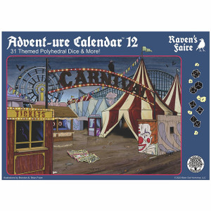A dice advent calendar titled “Adventure Calendar 12: Raven's Faire - 31 Themed Polyhedral Dice” in white font at the top of the dark blue bordered cover.  In the center is a scene of a seemingly abandoned faire.  Striped tents, game booths, and winding rides fill the space.  Creepy clown paintings decorate various structures, and a shadowy figure sits in the ticket booth below a large 'Carnival' sign with blinking lights around the edges. A dice advent calendar titled “Adventure Calendar 12: Raven's Faire - 31 Themed Polyhedral Dice” in white font at the top of the dark blue bordered cover.  In the center is a scene of a seemingly abandoned faire.  Striped tents, game booths, and winding rides fill the space.  Creepy clown paintings decorate various structures, and a shadowy figure sits in the ticket booth below a large 'Carnival' sign with blinking lights around the edges.