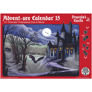 A dice advent calendar titled “Adventure Calendar 15: Dracula's Castle - 31 Themed Polyhedral Dice” in white font at the top of the red bordered cover.  In the center is a nighttime scene featuring a full moon overhead, a forest with bare trees, a wolf running down a path, a bat flying past the foreground, and a castle with yellow light glowing through lofty, gothic windows. A dice advent calendar titled “Adventure Calendar 15: Dracula's Castle - 31 Themed Polyhedral Dice” in white font at the top of the red bordered cover.  In the center is a nighttime scene featuring a full moon overhead, a forest with bare trees, a wolf running down a path, a bat flying past the foreground, and a castle with yellow light glowing through lofty, gothic windows.