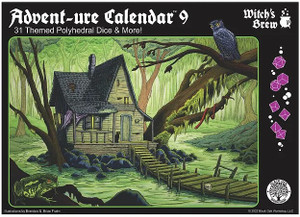 A dice advent calendar titled “Adventure Calendar 9: Witch's Brew - 31 Themed Polyhedral Dice” in white font at the top of the black bordered cover. In the center is a scene set in a green bog within a dense forest. A small, black-roofed house sits on a small island in the center of the bog with a wooden bridge connecting it to the shore. A black cat sits on the front step, a snake curls around a mossy tree branch, a frog sits on a nearby rock, and an owl looks down at you from its perch in the foreground. Yellow light leaks from cracked shutters. A dice advent calendar titled “Adventure Calendar 9: Witch's Brew - 31 Themed Polyhedral Dice” in white font at the top of the black bordered cover. In the center is a scene set in a green bog within a dense forest. A small, black-roofed house sits on a small island in the center of the bog with a wooden bridge connecting it to the shore. A black cat sits on the front step, a snake curls around a mossy tree branch, a frog sits on a nearby rock, and an owl looks down at you from its perch in the foreground. Yellow light leaks from cracked shutters.