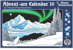 A dice advent calendar titled “Adventure Calendar 10: Winter Wonderland - 24 Themed Polyhedral Dice” in white font at the top of the dark blue bordered cover. In the center is a scene depicting a wintry landscape covered in ice and snow, with snow-dusted evergreens dotting rolling hills and white, towering mountains in the distance. A white fox sits in the foreground, its paw prints tracked through the snow, and green ribbons of aurora borealis hang in the night sky above. A dice advent calendar titled “Adventure Calendar 10: Winter Wonderland - 24 Themed Polyhedral Dice” in white font at the top of the dark blue bordered cover. In the center is a scene depicting a wintry landscape covered in ice and snow, with snow-dusted evergreens dotting rolling hills and white, towering mountains in the distance. A white fox sits in the foreground, its paw prints tracked through the snow, and green ribbons of aurora borealis hang in the night sky above.