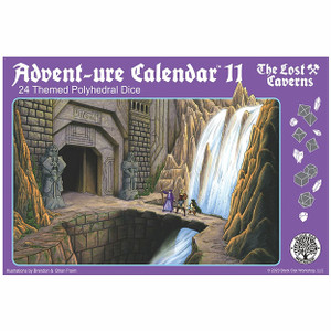 A dice advent calendar titled “Adventure Calendar 11: The Lost Caverns - 24 Themed Polyhedral Dice” in white font at the top of the purple bordered cover.  In the center is a scene depicting three adventures crossing a bridge across a river toward a carved mountain face.  Behind them is a waterfall, and before them a darkened entryway flanked by two armored dwarf statues with war axes.  The adventurers consist of a wizard in a purple robe, a warrior with a shield strapped to her back, and a cloaked dwarf.