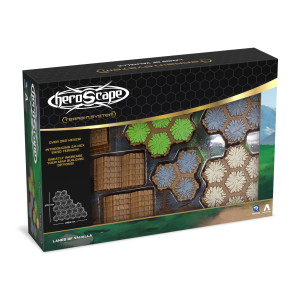 A board game expansion titled "Heroscape: Lands of Valhalla Terrain Expansion" in the upper left hand cover of an otherwise black cover. To the right is a clear plastic window displaying several different kinds of hexagonal terrain tiles. A board game expansion titled "Heroscape: Lands of Valhalla Terrain Expansion" in the upper left hand cover of an otherwise black cover. To the right is a clear plastic window displaying several different kinds of hexagonal terrain tiles.
