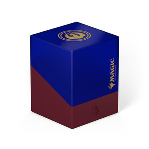 A card deck box with a semi-transparent blue upper half with a satin finish, a solid red lower half, a golden emblem featuring a dragon with golden spikes above its curved wings on top and Magic: The Gathering’s logo along the front right side.