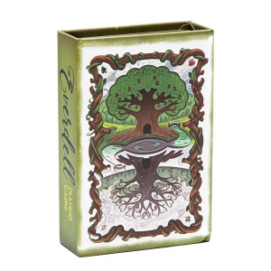 A deck of playing cards titled "Everdell Playing Cards" along the side. The cover art features an illustration of a large tree mirrored over a pond in two states: the tree facing up is green and lush, and the lower tree has lost its leaves for winter. The border of the art features entangled root details, and the background is largely white with a tree line in the distance.. A deck of playing cards titled "Everdell Playing Cards" along the side. The cover art features an illustration of a large tree mirrored over a pond in two states: the tree facing up is green and lush, and the lower tree has lost its leaves for winter. The border of the art features entangled root details, and the background is largely white with a tree line in the distance..