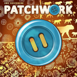 Board game titled "Patchwork", with the letter O being replaced by a blue button. In the center of the box art is a large blue button in the forefront, while in the background there are multiple red and gold square pieces.  Amongst the pieces are silhouettes of animals.