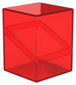 A ruby red TCG card deck case with a clear shell, diagonal closure, and a faint embellishment of the Ultimate Guard logo at the bottom. A ruby red TCG card deck case with a clear shell, diagonal closure, and a faint embellishment of the Ultimate Guard logo at the bottom.