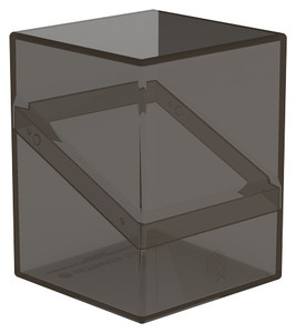 A black TCG card deck case with a clear shell, diagonal closure, and a faint embellishment of the Ultimate Guard logo at the bottom.