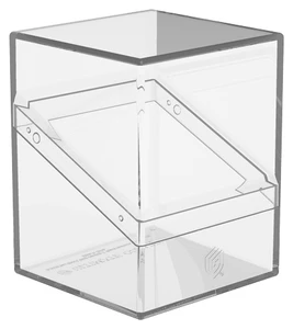 A clear TCG card deck case with a hard shell, diagonal closure, and a faint embellishment of the Ultimate Guard logo at the bottom.