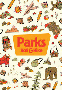 A board game titled "Parks: Roll & Hike" in a mustard yellow trapezoid in the center of the cover.  The art around it is on a cream background and features little geographical features, hiking supplies, and wildlife scattered about like a look and find book. A board game titled "Parks: Roll & Hike" in a mustard yellow trapezoid in the center of the cover.  The art around it is on a cream background and features little geographical features, hiking supplies, and wildlife scattered about like a look and find book.