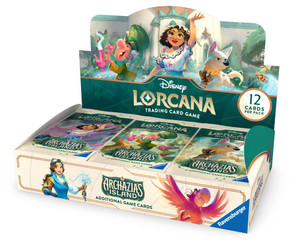 A TCG booster box titled “Disney Lorcana: Archazia’s Island” in cream font within a green plaque on the front side and display tab of the box. The backgrounds and lining are cream and dark green, and the art features characters from both classic and modern Disney media: a pale man with white tufts of hair, green clothes and a large top hat who is holding a tea set; a tan girl with curly brown hair, large glasses, and a white embroidered dress; a white dog with pointy ears and a determined expression; a pale woman with brown hair tied back, goggles on her head, and a blue and gold Victorian waistcoat; a large, grumpy, red parrot. A TCG booster box titled “Disney Lorcana: Archazia’s Island” in cream font within a green plaque on the front side and display tab of the box. The backgrounds and lining are cream and dark green, and the art features characters from both classic and modern Disney media: a pale man with white tufts of hair, green clothes and a large top hat who is holding a tea set; a tan girl with curly brown hair, large glasses, and a white embroidered dress; a white dog with pointy ears and a determined expression; a pale woman with brown hair tied back, goggles on her head, and a blue and gold Victorian waistcoat; a large, grumpy, red parrot.