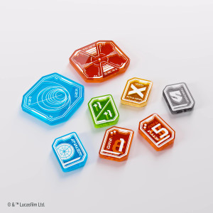 A set of acrylic, multi-color tokens for the Star Wars: Unlimited TCG that come in different shapes, sizes, and markings - all of which are written in white atop translucent surfaces. There are 8 pictured total. A set of acrylic, multi-color tokens for the Star Wars: Unlimited TCG that come in different shapes, sizes, and markings - all of which are written in white atop translucent surfaces. There are 8 pictured total.