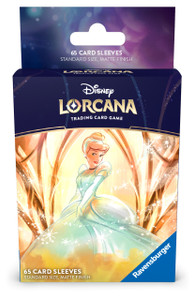 A TCG card sleeve set for Disney Lorcana featuring a gold and white illustration of the character Cinderella: a thin, pale woman with light blonde hair done up in a bun and behind a white headband. She wears a poofy short sleeved ballgown and is backlit by shimmery golden light. A TCG card sleeve set for Disney Lorcana featuring a gold and white illustration of the character Cinderella: a thin, pale woman with light blonde hair done up in a bun and behind a white headband. She wears a poofy short sleeved ballgown and is backlit by shimmery golden light.