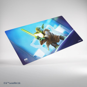 A cloth playmat featuring a small, green, wrinkled man with large, pointed ears on either side of his head and short, white hair with a bald top. He wears tan robes and holds a glowing green lightsaber in a blue room. A cloth playmat featuring a small, green, wrinkled man with large, pointed ears on either side of his head and short, white hair with a bald top. He wears tan robes and holds a glowing green lightsaber in a blue room.