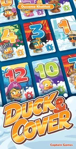 Board game titled Duck & Cover featuring a blue box with orange lettering, and several numbered cards in the background, featuring a variety of distinct cartoon rubber ducks and colored numbers. Board game titled Duck & Cover featuring a blue box with orange lettering, and several numbered cards in the background, featuring a variety of distinct cartoon rubber ducks and colored numbers.