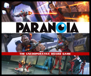 Board game titled Paranoia: The Uncooperative Board Game featuring the title "Paranoia" in black lettering over a white banner, the subtext "the Uncooperative Board Game" in white lettering over a red banner, and images of sci-fi action scenes behind the banners, including a person being shot at with lasers, people with sci-fi weaponry, and people walking away from a pile of ash surrounding a pair of boots.