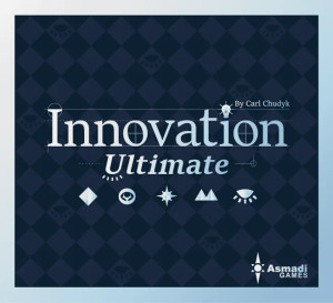 A board game titled "Innovation Ultimate" in large, silver font across the center of the primarily dark blue cover. The border features a simple silver lines, and the background behind the title has a diamond pattern. A board game titled "Innovation Ultimate" in large, silver font across the center of the primarily dark blue cover. The border features a simple silver lines, and the background behind the title has a diamond pattern.