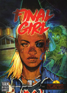 A board game titled "Final Girl: Slayer" with the first half of the title at the top of the cover in red, slasher font and the second half in the bottom right corner. The cover art features a large, central portrait of a girl with medium brown skin, bleached blonde and straightened hair, and a determined expression on her face. One of her eyes is a bright amber-yellow, and the other is black, surrounded in bruised and blackened flesh. That side of her neck has blue markings running up it, and her cheek, nose, and lip sport healed scratch marks that probably needed stitches. She wears a dirty denim jacket, graphic t-shirt, and dog tags. Behind her is a house on the left, and a glowing green creature on the right. The creature resembles a humanoid with a skeletal face and half putrefied body that blurs with its movement. A board game titled "Final Girl: Slayer" with the first half of the title at the top of the cover in red, slasher font and the second half in the bottom right corner. The cover art features a large, central portrait of a girl with medium brown skin, bleached blonde and straightened hair, and a determined expression on her face. One of her eyes is a bright amber-yellow, and the other is black, surrounded in bruised and blackened flesh. That side of her neck has blue markings running up it, and her cheek, nose, and lip sport healed scratch marks that probably needed stitches. She wears a dirty denim jacket, graphic t-shirt, and dog tags. Behind her is a house on the left, and a glowing green creature on the right. The creature resembles a humanoid with a skeletal face and half putrefied body that blurs with its movement.