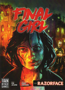 A board game expansion titled "Final Girl: Hellscape" with the first half of the title in large slasher red font at the top of the cover and the second half in the bottom right corner. The art below features a large portrait of a fair-skinned woman with a messy black bob haircut and blood across her face. She wears a black jacket and looks like she's been through... well, a hellscape. A pale, man-like creature stands behind her with his face split in clean lines across his bald head, cheeks, chin, and in a circle around his nose-less face. His mouth is pulled in a permanent grin and he has hooks in his chest and stomach that are tied together with leather straps. He wears a leather harness, leather cuffs, and leather shoes. A board game expansion titled "Final Girl: Hellscape" with the first half of the title in large slasher red font at the top of the cover and the second half in the bottom right corner. The art below features a large portrait of a fair-skinned woman with a messy black bob haircut and blood across her face. She wears a black jacket and looks like she's been through... well, a hellscape. A pale, man-like creature stands behind her with his face split in clean lines across his bald head, cheeks, chin, and in a circle around his nose-less face. His mouth is pulled in a permanent grin and he has hooks in his chest and stomach that are tied together with leather straps. He wears a leather harness, leather cuffs, and leather shoes.