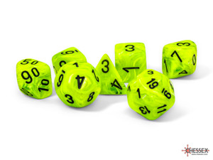 A set of 7 oversized polyhedral dice with differing numbers of sides made with a swirl of neon green and yellow resin and with black numerals.